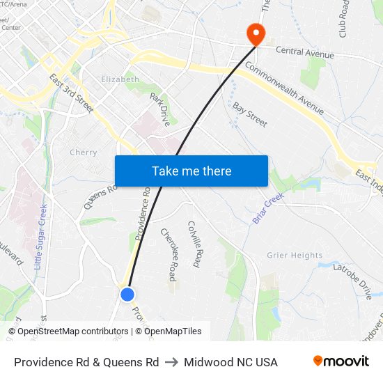 Providence Rd & Queens Rd to Midwood NC USA map