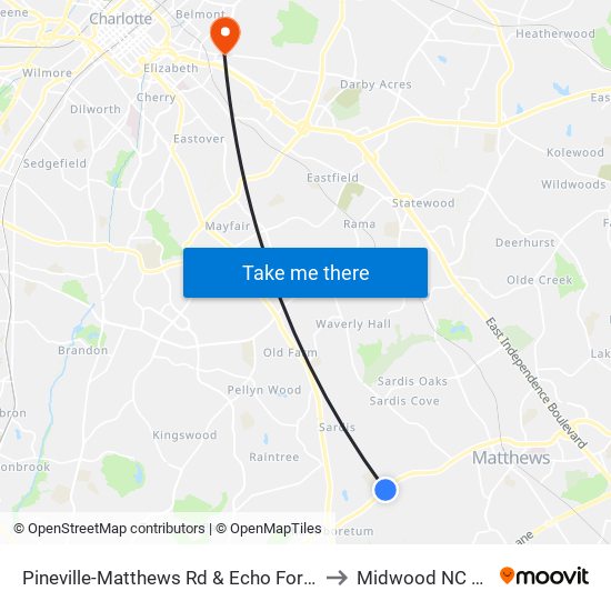 Pineville-Matthews Rd & Echo Forest Dr to Midwood NC USA map