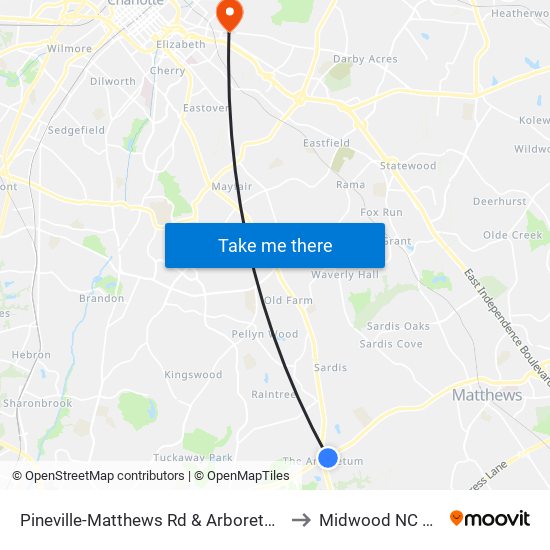 Pineville-Matthews Rd & Arboretum Dr to Midwood NC USA map