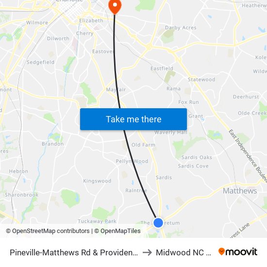 Pineville-Matthews Rd & Providence Rd to Midwood NC USA map