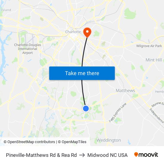 Pineville-Matthews Rd & Rea Rd to Midwood NC USA map