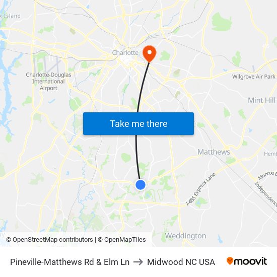 Pineville-Matthews Rd & Elm Ln to Midwood NC USA map