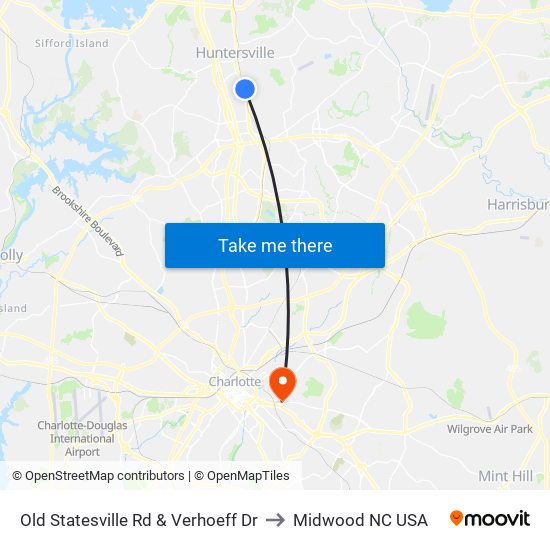 Old Statesville Rd & Verhoeff Dr to Midwood NC USA map