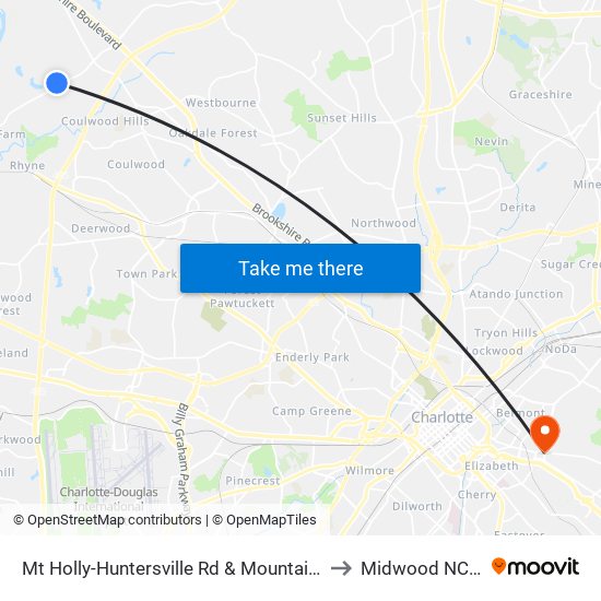 Mt Holly-Huntersville Rd & Mountain Aire Cir to Midwood NC USA map