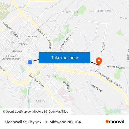Mcdowell St Citylynx to Midwood NC USA map