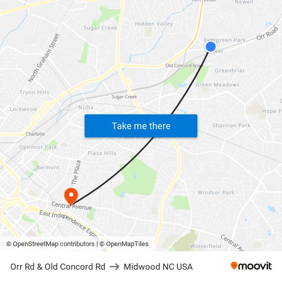 Orr Rd & Old Concord Rd to Midwood NC USA map