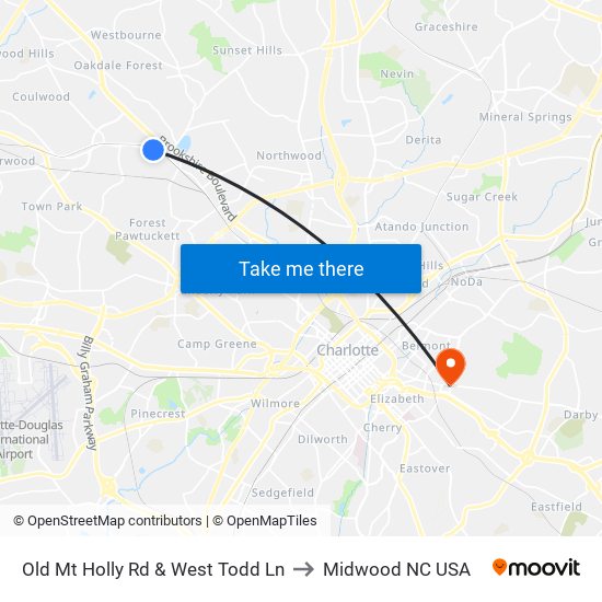 Old Mt Holly Rd & West Todd Ln to Midwood NC USA map