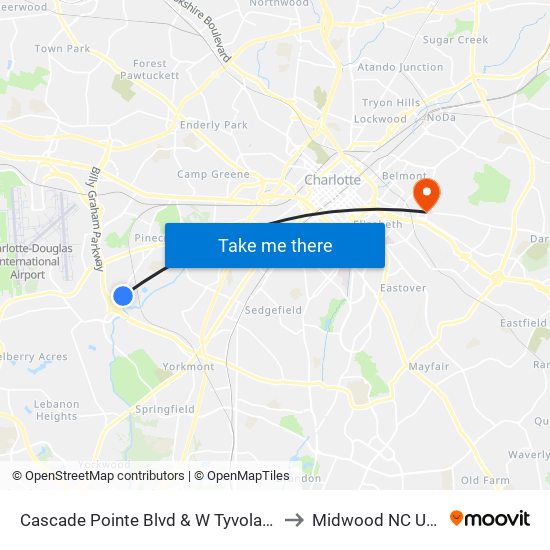 Cascade Pointe Blvd & W Tyvola Rd to Midwood NC USA map