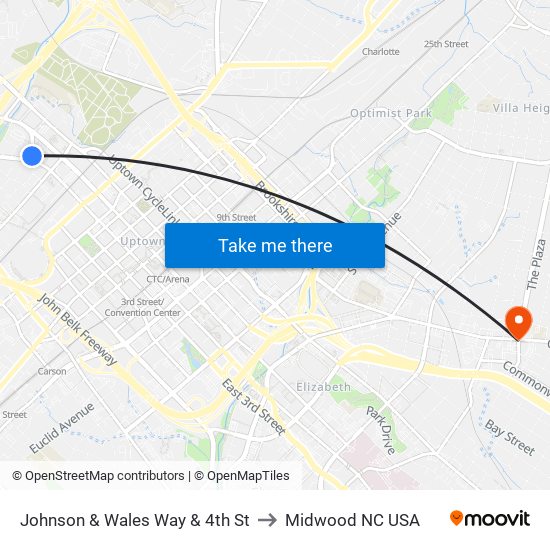 Johnson & Wales Way & 4th St to Midwood NC USA map