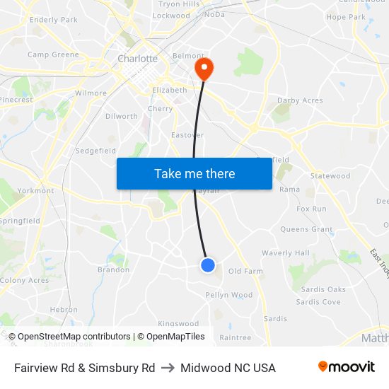 Fairview Rd & Simsbury Rd to Midwood NC USA map