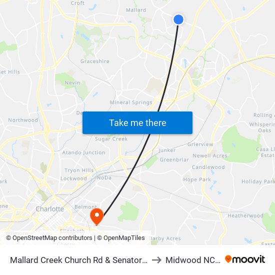 Mallard Creek Church Rd & Senator Royall Dr to Midwood NC USA map