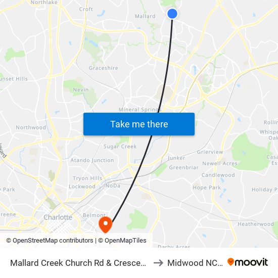 Mallard Creek Church Rd  & Crescent View Dr to Midwood NC USA map