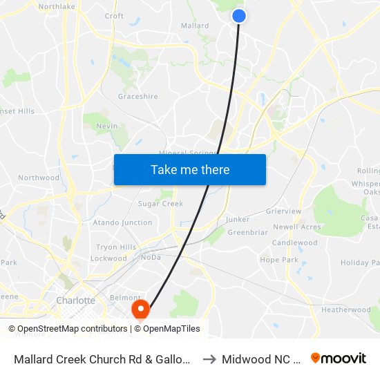 Mallard Creek Church Rd  & Galloway Rd to Midwood NC USA map