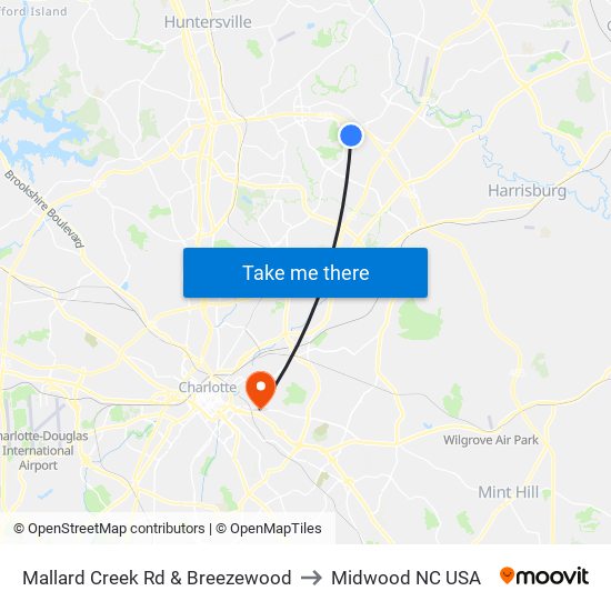 Mallard Creek Rd & Breezewood to Midwood NC USA map