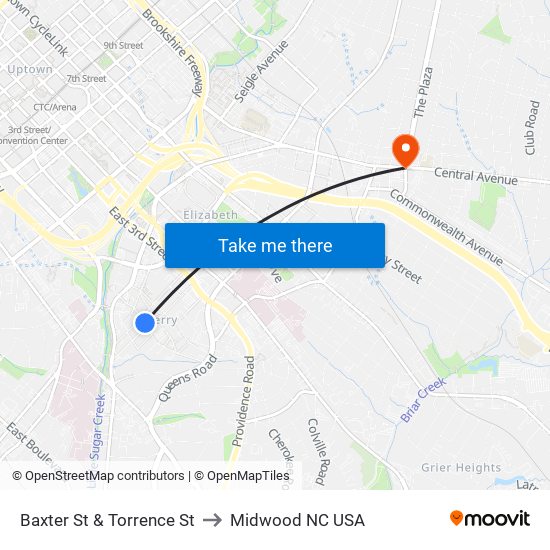 Baxter St & Torrence St to Midwood NC USA map