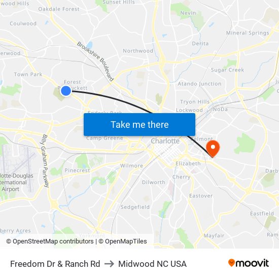 Freedom Dr & Ranch Rd to Midwood NC USA map