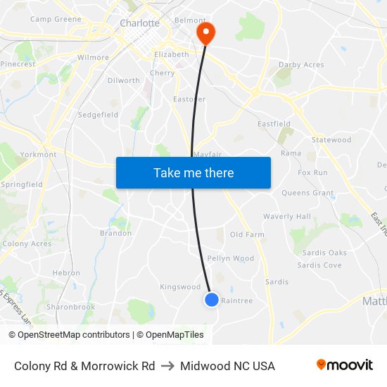 Colony Rd & Morrowick Rd to Midwood NC USA map