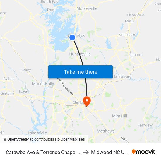 Catawba Ave & Torrence Chapel Rd to Midwood NC USA map