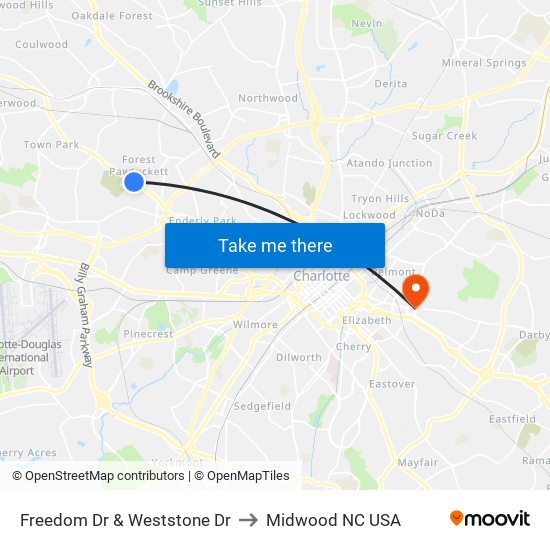 Freedom Dr & Weststone Dr to Midwood NC USA map