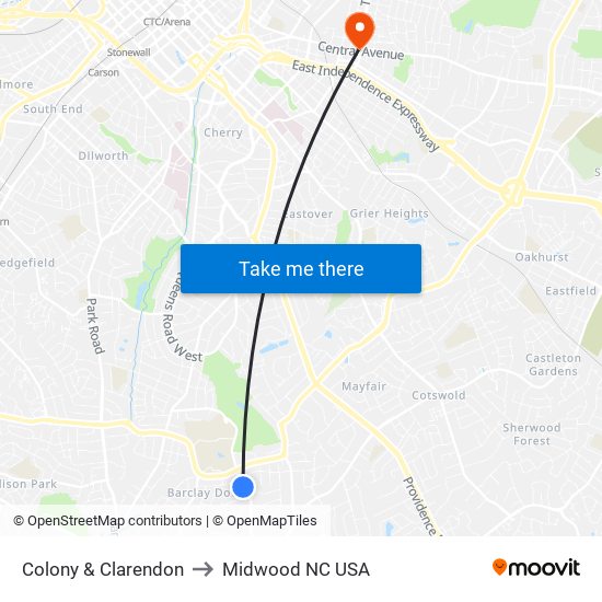 Colony & Clarendon to Midwood NC USA map