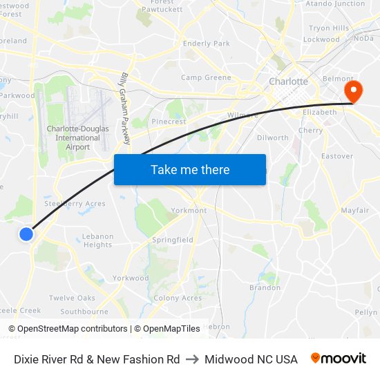 Dixie River Rd & New Fashion Rd to Midwood NC USA map