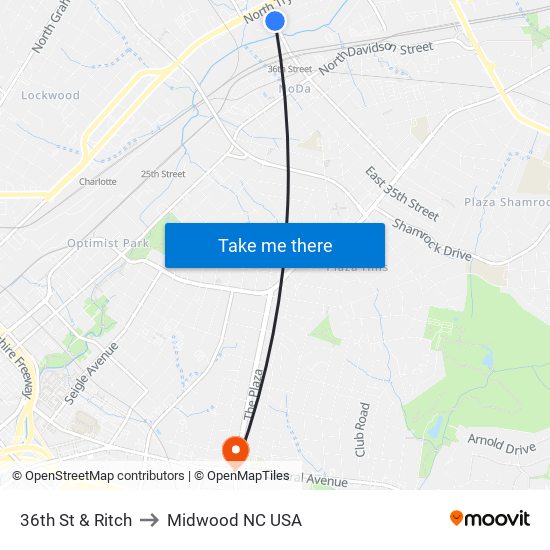 36th St & Ritch to Midwood NC USA map