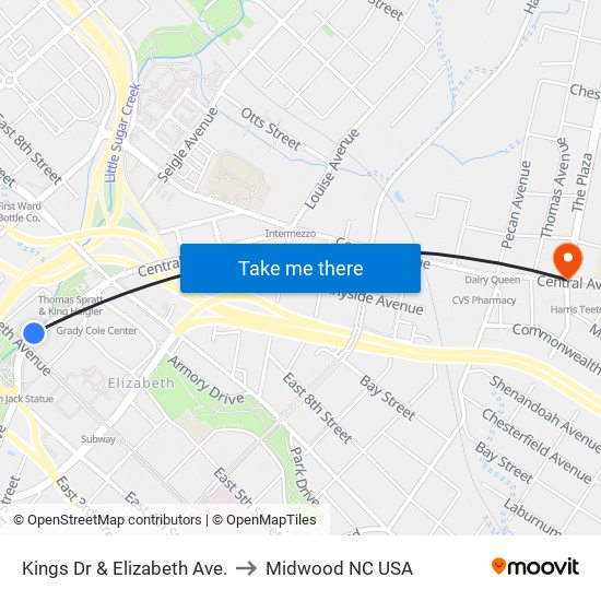 Kings Dr & Elizabeth Ave. to Midwood NC USA map