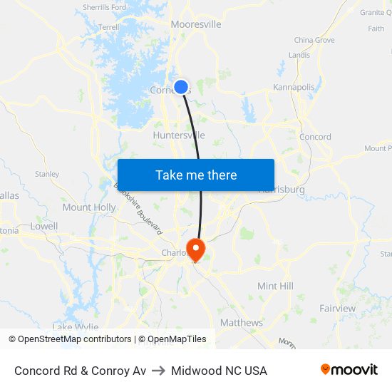 Concord Rd & Conroy Av to Midwood NC USA map