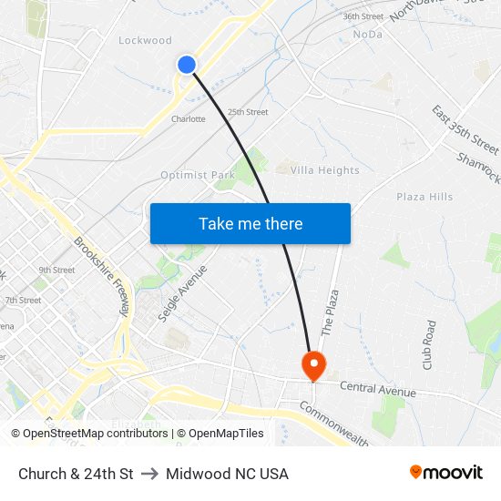 Church & 24th St to Midwood NC USA map