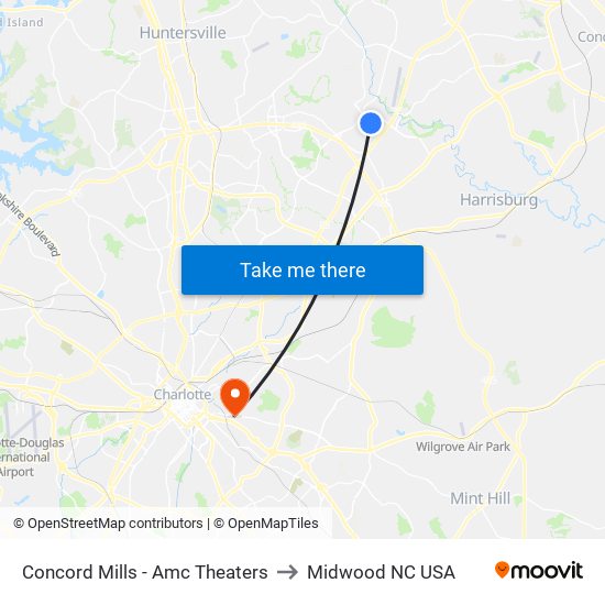 Concord Mills - Amc Theaters to Midwood NC USA map