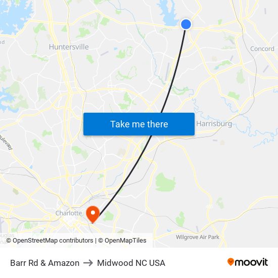 Barr Rd & Amazon to Midwood NC USA map