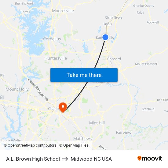 A.L. Brown High School to Midwood NC USA map