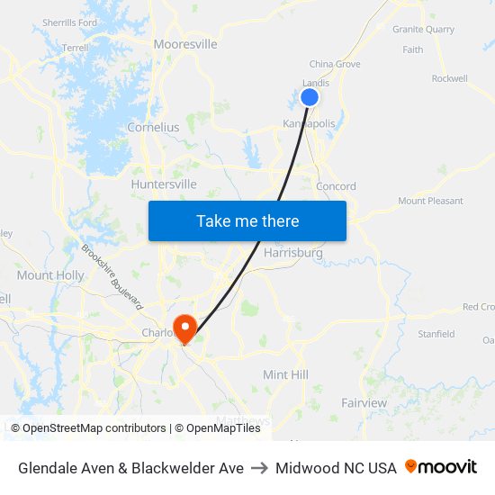 Glendale Aven & Blackwelder Ave to Midwood NC USA map