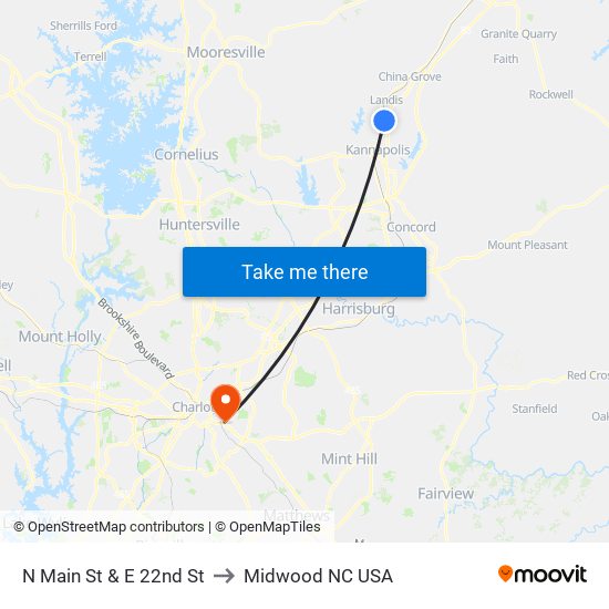 N Main St & E 22nd St to Midwood NC USA map