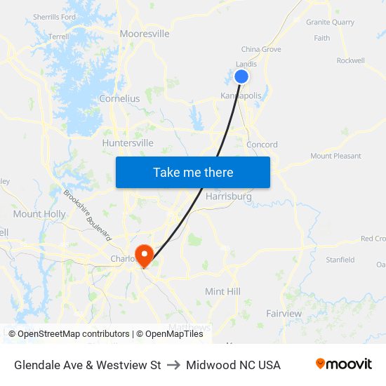 Glendale Ave & Westview St to Midwood NC USA map