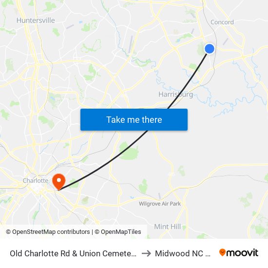 Old Charlotte Rd & Union Cemetery Rd to Midwood NC USA map