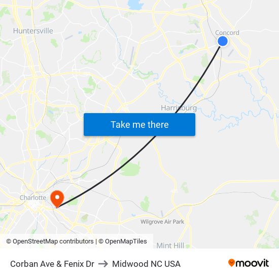 Corban Ave & Fenix Dr to Midwood NC USA map