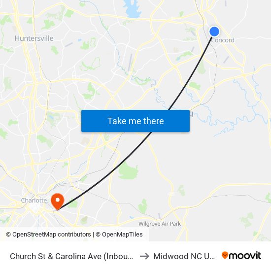 Church St & Carolina Ave (Inbound) to Midwood NC USA map