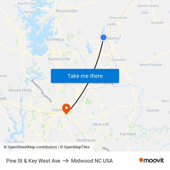 Pine St & Key West Ave to Midwood NC USA map