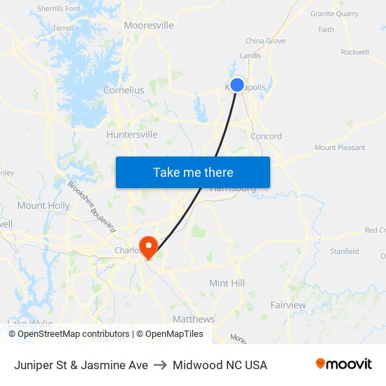 Juniper St & Jasmine Ave to Midwood NC USA map