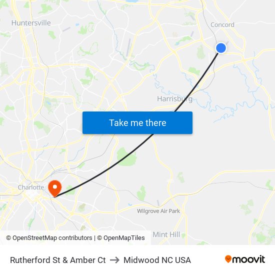 Rutherford St & Amber Ct to Midwood NC USA map