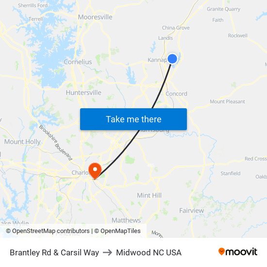 Brantley Rd & Carsil Way to Midwood NC USA map