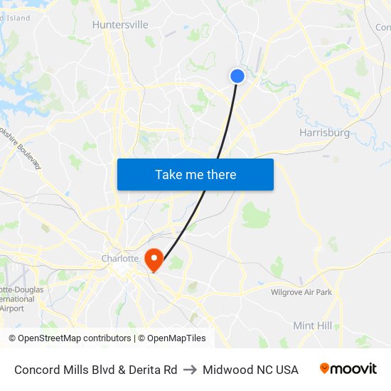 Concord Mills Blvd & Derita Rd to Midwood NC USA map