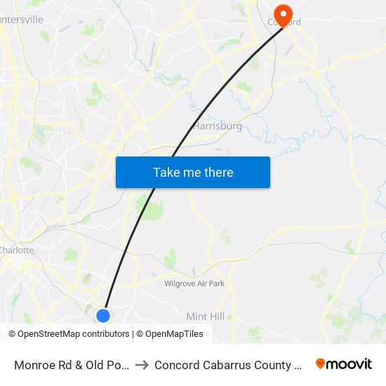 Monroe Rd & Old Post Rd to Concord Cabarrus County NC USA map