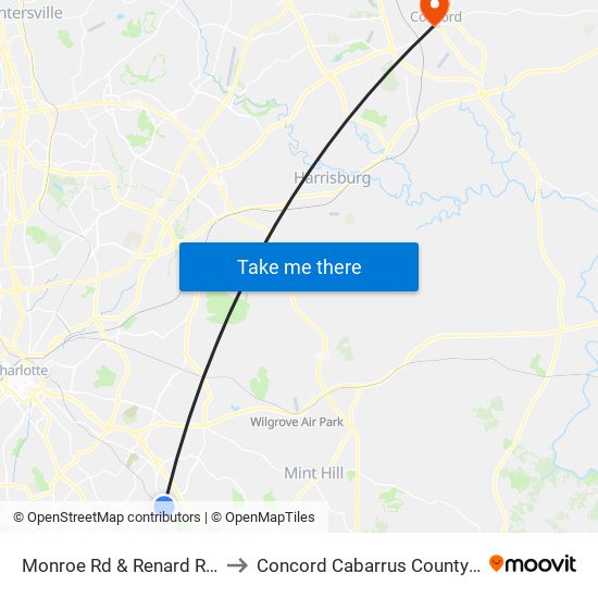 Monroe Rd & Renard Ridge Rd to Concord Cabarrus County NC USA map