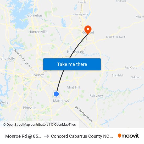 Monroe Rd @ 8516 to Concord Cabarrus County NC USA map
