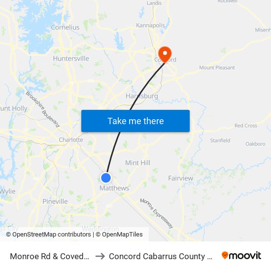 Monroe Rd & Covedale Dr to Concord Cabarrus County NC USA map