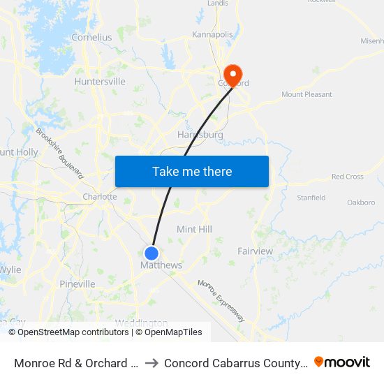 Monroe Rd & Orchard Lake Dr to Concord Cabarrus County NC USA map