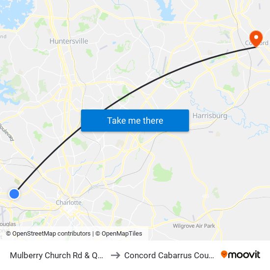 Mulberry Church Rd & Queen City Dr to Concord Cabarrus County NC USA map