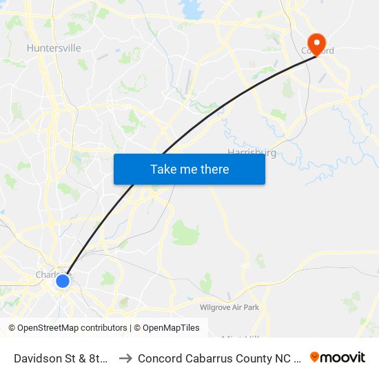 Davidson St & 8th St to Concord Cabarrus County NC USA map